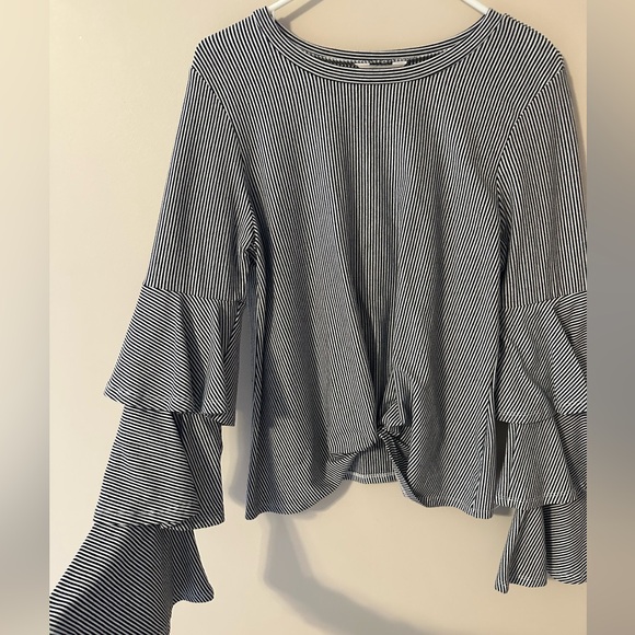 belle sky Tops - Belle Sky Black and White Striped Top with Ruffle Sleeves